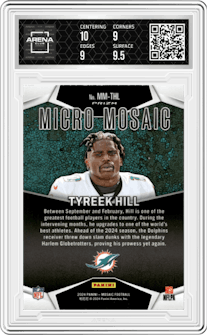 Tyreek Hill from the 2024 Panini Mosaic set graded by Arena Club and given an overall grade of 9.5.