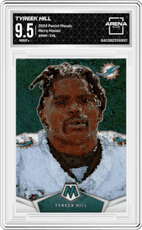 Tyreek Hill from the 2024 Panini Mosaic set graded by Arena Club and given an overall grade of 9.5.