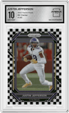 Justin Jefferson from the 2022 Panini Prizm set featuring a Black & White Checker parallel graded by Arena Club and given an overall grade of 10.