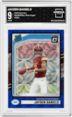 Jayden Daniels from the 2024 Donruss set featuring a Blue Scope parallel graded by Arena Club and given an overall grade of 9.