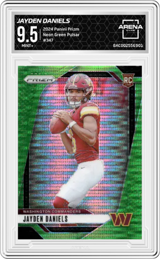 Jayden Daniels from the 2024 Panini Prizm set featuring a Neon Green Pulsar  parallel graded by Arena Club and given an overall grade of 9.5.