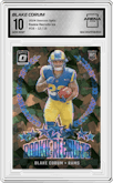 Blake Corum from the 2024 Donruss Optic set featuring a Ice parallel graded by Arena Club and given an overall grade of 10.