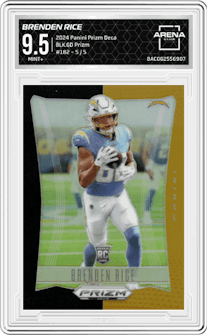Brenden Rice from the 2024 Panini Prizm Deca set featuring a Black Gold Prizm parallel graded by Arena Club and given an overall grade of 9.5.