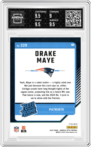 Drake Maye from the 2024 Donruss Optic set featuring a Hyper Red  parallel graded by Arena Club and given an overall grade of 9.5.