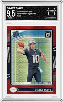 Drake Maye from the 2024 Donruss Optic set featuring a Hyper Red  parallel graded by Arena Club and given an overall grade of 9.5.