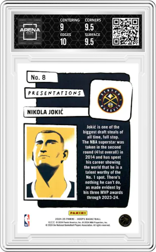 Nikola Jokic from the 2024-25 Panini NBA Hoops set graded by Arena Club and given an overall grade of 9.5.