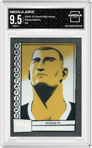 Nikola Jokic from the 2024-25 Panini NBA Hoops set graded by Arena Club and given an overall grade of 9.5.