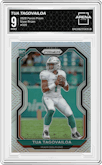 Tua Tagovailoa from the 2020 Panini Prizm set featuring a Silver Prizm parallel graded by Arena Club and given an overall grade of 9.
