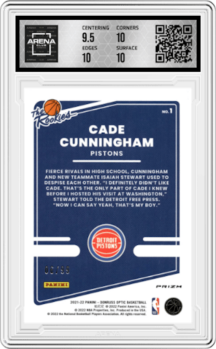 Cade Cunningham from the 2021-22 Panini Donruss Optic set featuring a Red parallel graded by Arena Club and given an overall grade of 10.