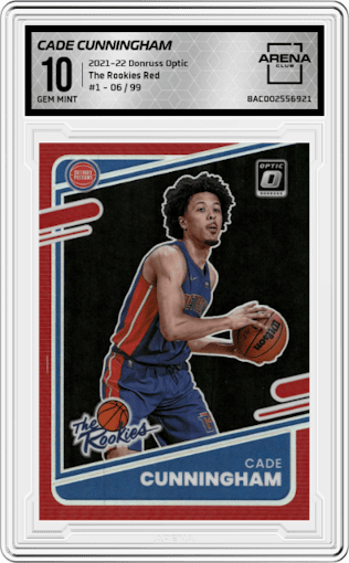 Cade Cunningham from the 2021-22 Panini Donruss Optic set featuring a Red parallel graded by Arena Club and given an overall grade of 10.