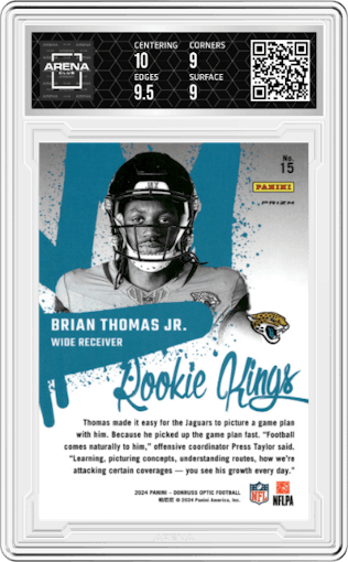 Brian Thomas Jr. from the 2024 Donruss Optic set graded by Arena Club and given an overall grade of 9.5.