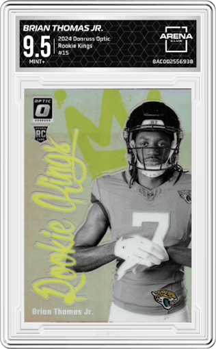 Brian Thomas Jr. from the 2024 Donruss Optic set graded by Arena Club and given an overall grade of 9.5.