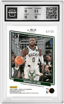 Damian Lillard from the 2023-24 Donruss Optic set featuring a Gold parallel graded by Arena Club and given an overall grade of 10.