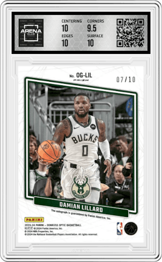 Damian Lillard from the 2023-24 Donruss Optic set featuring a Gold parallel graded by Arena Club and given an overall grade of 10.