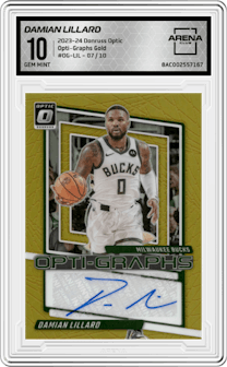 Damian Lillard from the 2023-24 Donruss Optic set featuring a Gold parallel graded by Arena Club and given an overall grade of 10.