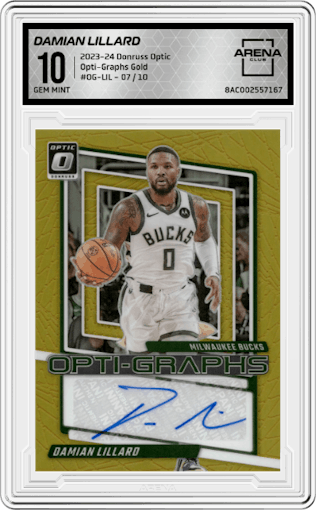 Damian Lillard from the 2023-24 Donruss Optic set featuring a Gold parallel graded by Arena Club and given an overall grade of 10.
