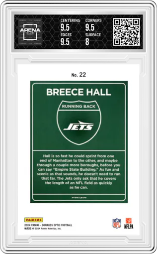 Breece Hall from the 2024 Donruss Optic set graded by Arena Club and given an overall grade of 8.5.