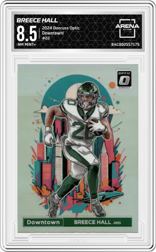 Breece Hall from the 2024 Donruss Optic set graded by Arena Club and given an overall grade of 8.5.