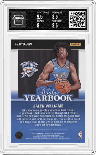 Jalen Williams from the 2022-23 Donruss Elite set featuring a Blue parallel graded by Arena Club and given an overall grade of 8.5.