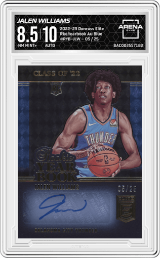 Jalen Williams from the 2022-23 Donruss Elite set featuring a Blue parallel graded by Arena Club and given an overall grade of 8.5.