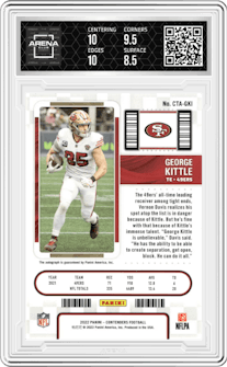 George Kittle  from the 2023 Panini Contenders set featuring a Playoff Ticket parallel graded by Arena Club and given an overall grade of 9.
