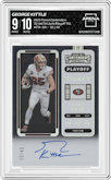 George Kittle  from the 2023 Panini Contenders set featuring a Playoff Ticket parallel graded by Arena Club and given an overall grade of 9.