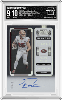 George Kittle  from the 2023 Panini Contenders set featuring a Playoff Ticket parallel graded by Arena Club and given an overall grade of 9.