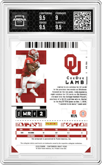 CeeDee Lamb from the 2020 Panini Contenders Draft Picks set featuring a  Playoff Ticket parallel and given an overall grade of 9.5.