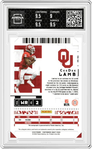 CeeDee Lamb from the 2020 Panini Contenders Draft Picks set featuring a  Playoff Ticket parallel graded by Arena Club and given an overall grade of 9.5.