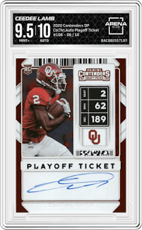 CeeDee Lamb from the 2020 Panini Contenders Draft Picks set featuring a  Playoff Ticket parallel and given an overall grade of 9.5.