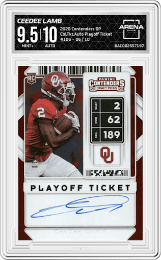 CeeDee Lamb from the 2020 Panini Contenders Draft Picks set featuring a  Playoff Ticket parallel graded by Arena Club and given an overall grade of 9.5.