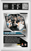 Trevor Lawrence from the 2024 Panini Prizm set featuring a Choice Tiger Stripe Prizm parallel graded by Arena Club and given an overall grade of 9.