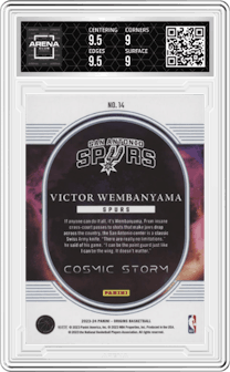 Victor Wembanyama from the 2023-24 Panini Origins set featuring a Red parallel and given an overall grade of 9.5.