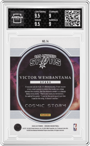 Victor Wembanyama from the 2023-24 Panini Origins set featuring a Red parallel graded by Arena Club and given an overall grade of 9.5.