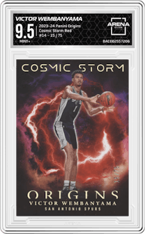 Victor Wembanyama from the 2023-24 Panini Origins set featuring a Red parallel and given an overall grade of 9.5.