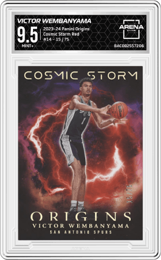 Victor Wembanyama from the 2023-24 Panini Origins set featuring a Red parallel graded by Arena Club and given an overall grade of 9.5.