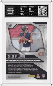 Caleb Williams from the 2024 Panini Prizm set featuring a Silver Prizm parallel graded by Arena Club and given an overall grade of 9.