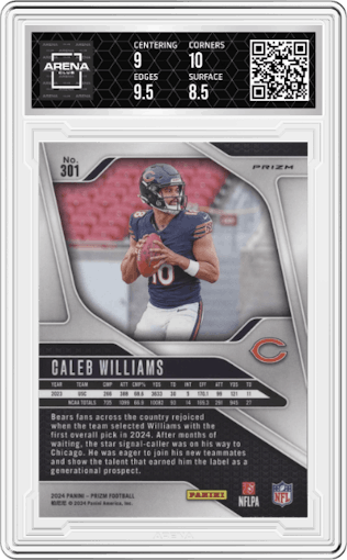 Caleb Williams from the 2024 Panini Prizm set featuring a Silver Prizm parallel graded by Arena Club and given an overall grade of 9.