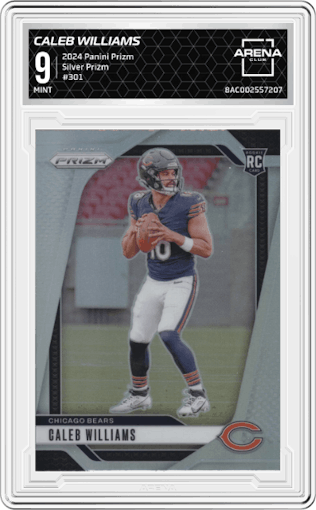 Caleb Williams from the 2024 Panini Prizm set featuring a Silver Prizm parallel graded by Arena Club and given an overall grade of 9.