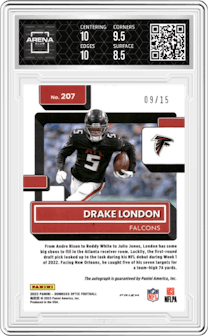 Drake London from the 2022 Panini Donruss Optic set featuring a Ice parallel graded by Arena Club and given an overall grade of 9.