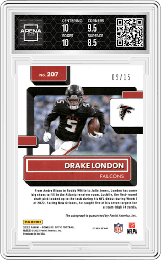 Drake London from the 2022 Panini Donruss Optic set featuring a Ice parallel graded by Arena Club and given an overall grade of 9.