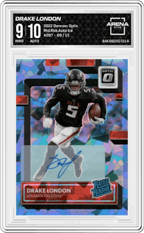 Drake London from the 2022 Panini Donruss Optic set featuring a Ice parallel graded by Arena Club and given an overall grade of 9.