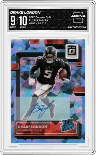 Drake London from the 2022 Panini Donruss Optic set featuring a Ice parallel graded by Arena Club and given an overall grade of 9.