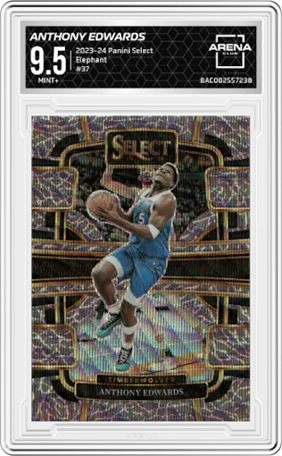 Anthony Edwards from the 2023-24 Panini Select  set featuring a Elephant Prizm parallel graded by Arena Club and given an overall grade of 9.5.