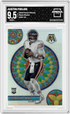 Justin Fields from the 2021 Panini Mosaic set graded by Arena Club and given an overall grade of 9.5.