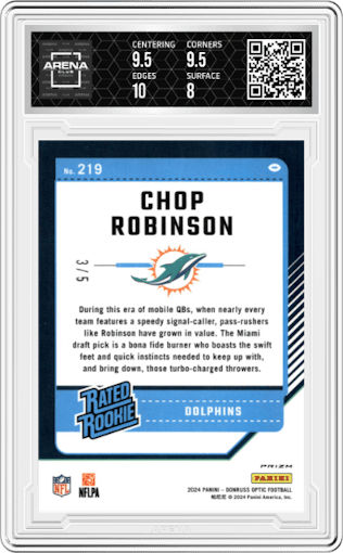 Chop Robinson from the 2024 Donruss Optic set featuring a Green parallel graded by Arena Club and given an overall grade of 8.5.