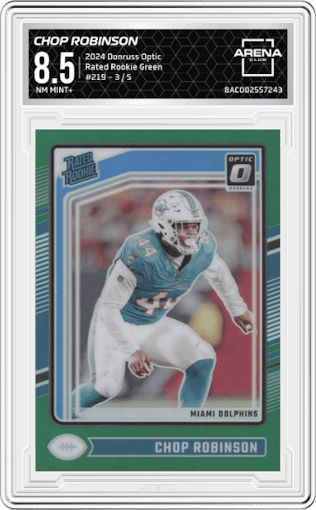 Chop Robinson from the 2024 Donruss Optic set featuring a Green parallel graded by Arena Club and given an overall grade of 8.5.