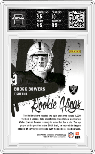 Brock Bowers from the 2024 Donruss Optic set graded by Arena Club and given an overall grade of 9.