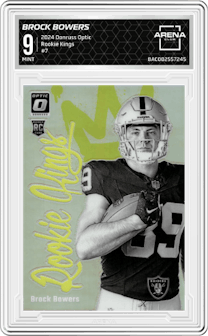 Brock Bowers from the 2024 Donruss Optic set graded by Arena Club and given an overall grade of 9.