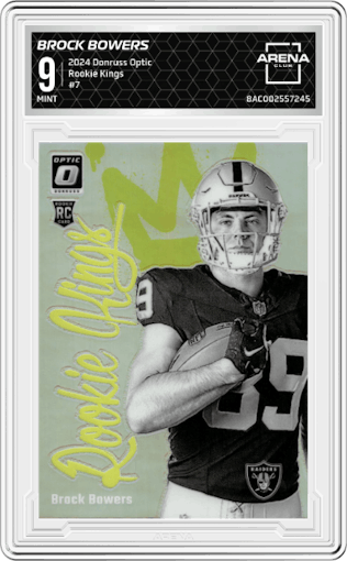 Brock Bowers from the 2024 Donruss Optic set graded by Arena Club and given an overall grade of 9.